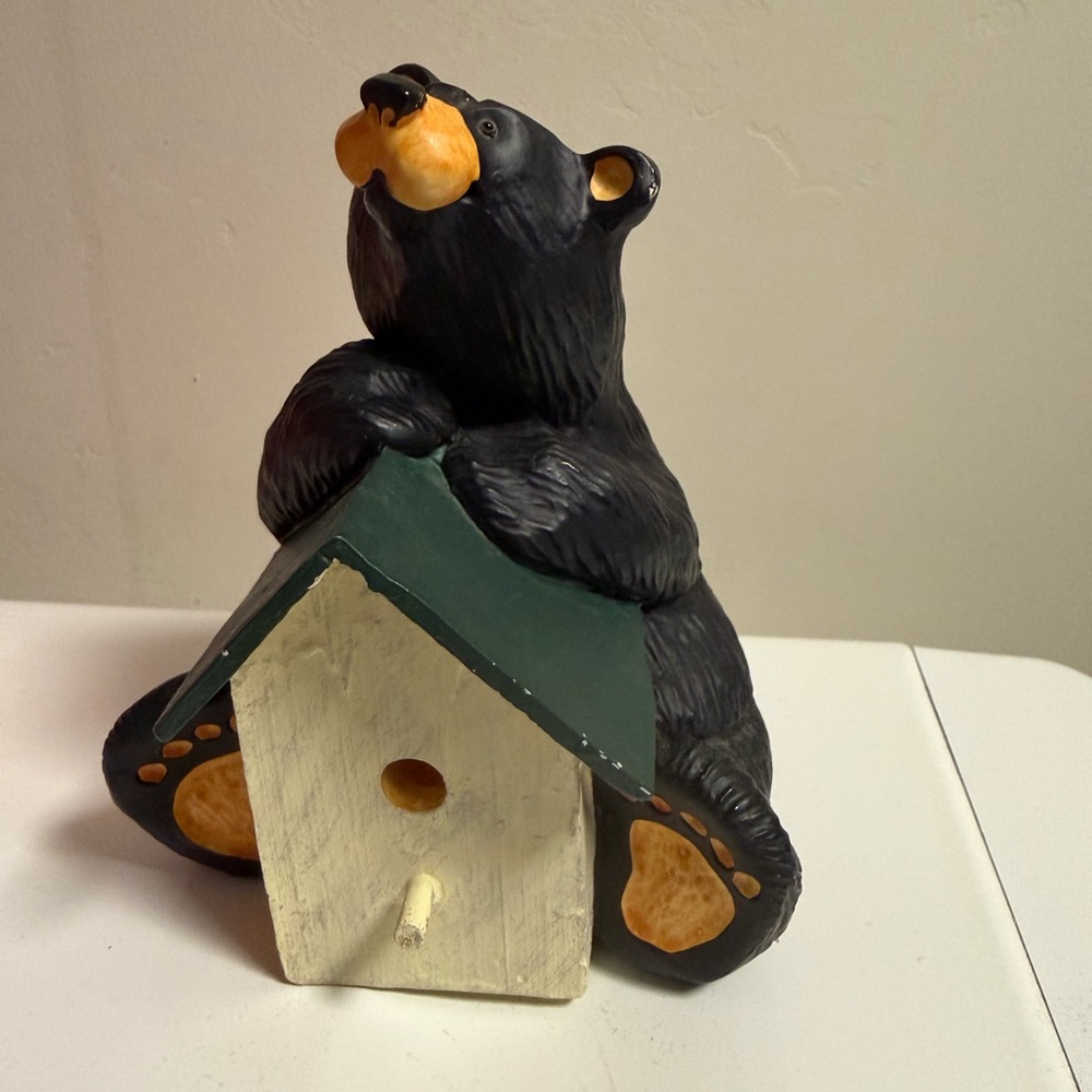Whimsical Black Bear with Birdhouse Decor
